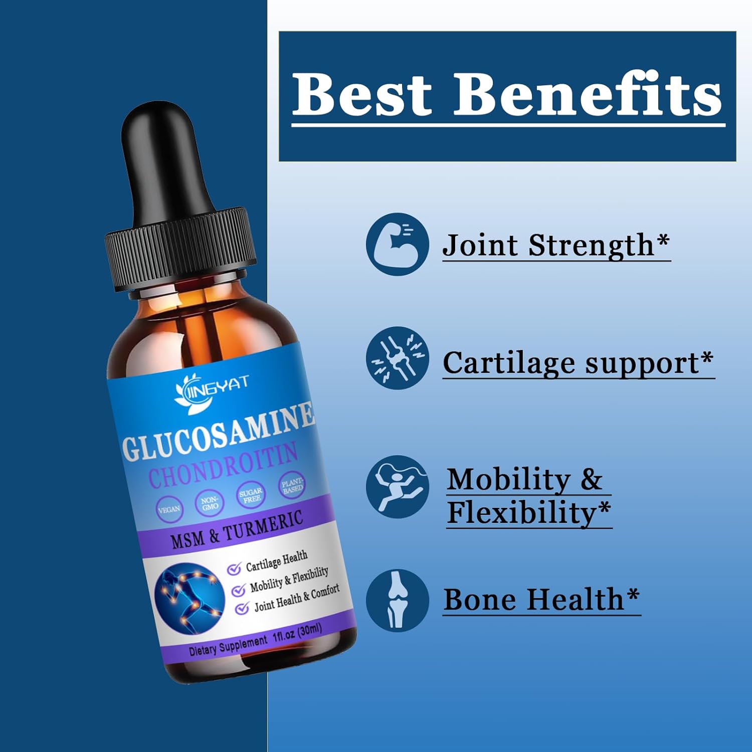 High Potency Glucosamine Chondroitin Liquid Drops with MSM, Turmeric, Hyaluronic Acid, Quercetin & Bromelain - 2000mg - Joint Health Supplement