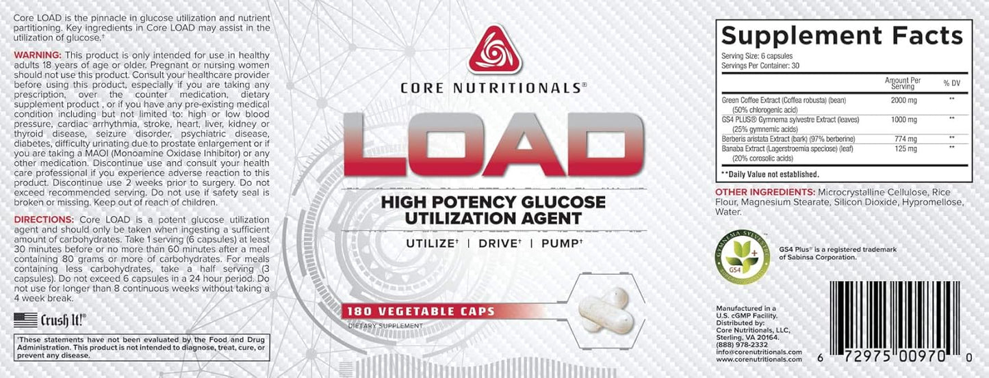 High Potency Glucose Utilization Supplement with Berberine & Green Coffee Extract (180 Caps) - Core Nutritionals Load Platinum for Carbohydrate Absorption & Glucose Disposal