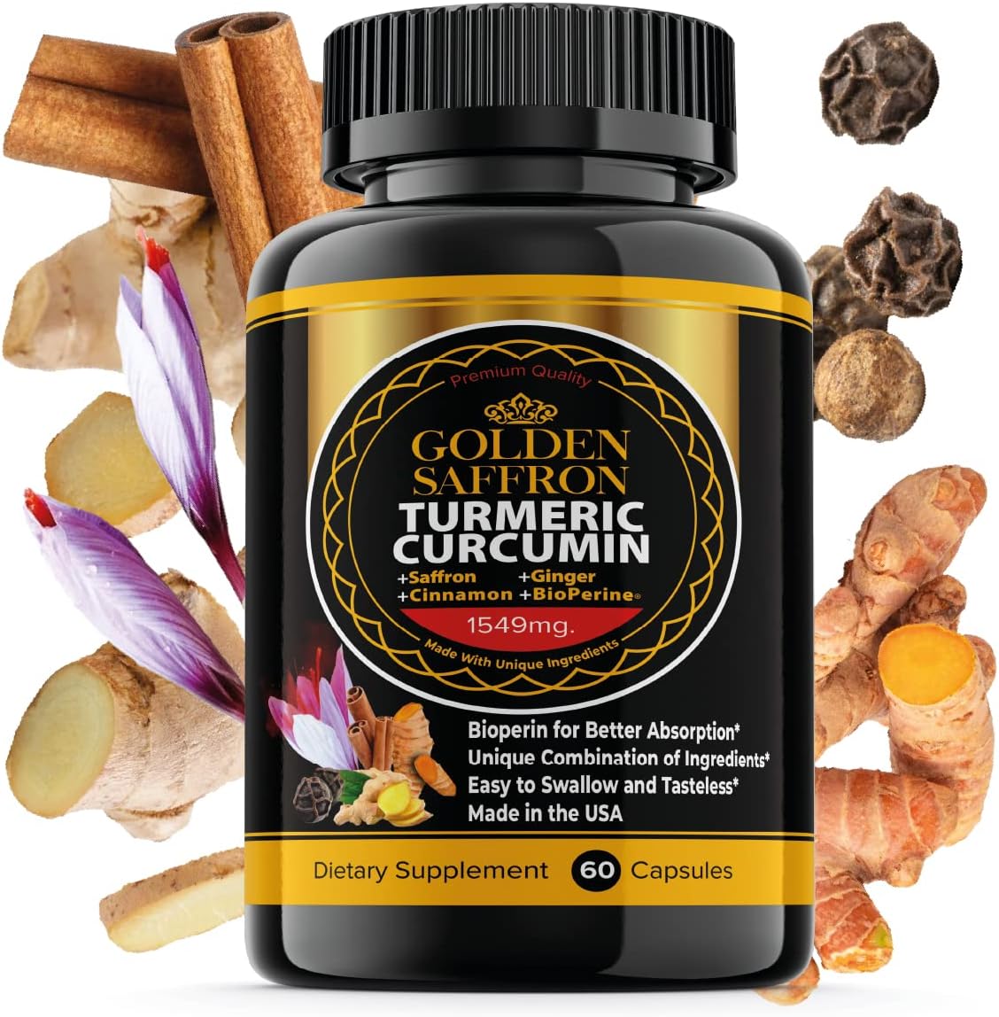High Potency Golden Saffron Turmeric Curcumin Supplement with Bioperine, Saffron, Cinnamon, and Ginger - Non-GMO, Gluten-Free - Made in USA for Better Effectiveness