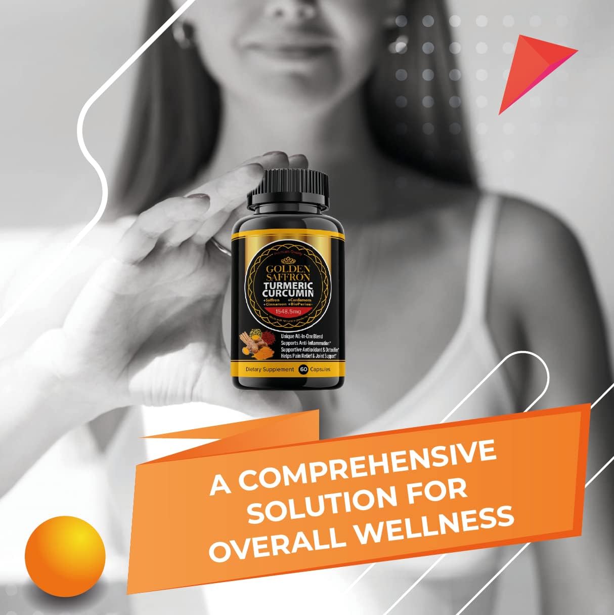High Potency Golden Saffron Turmeric Curcumin Supplement with Bioperine, Saffron, Cinnamon, and Ginger - Non-GMO, Gluten-Free - Made in USA for Better Effectiveness