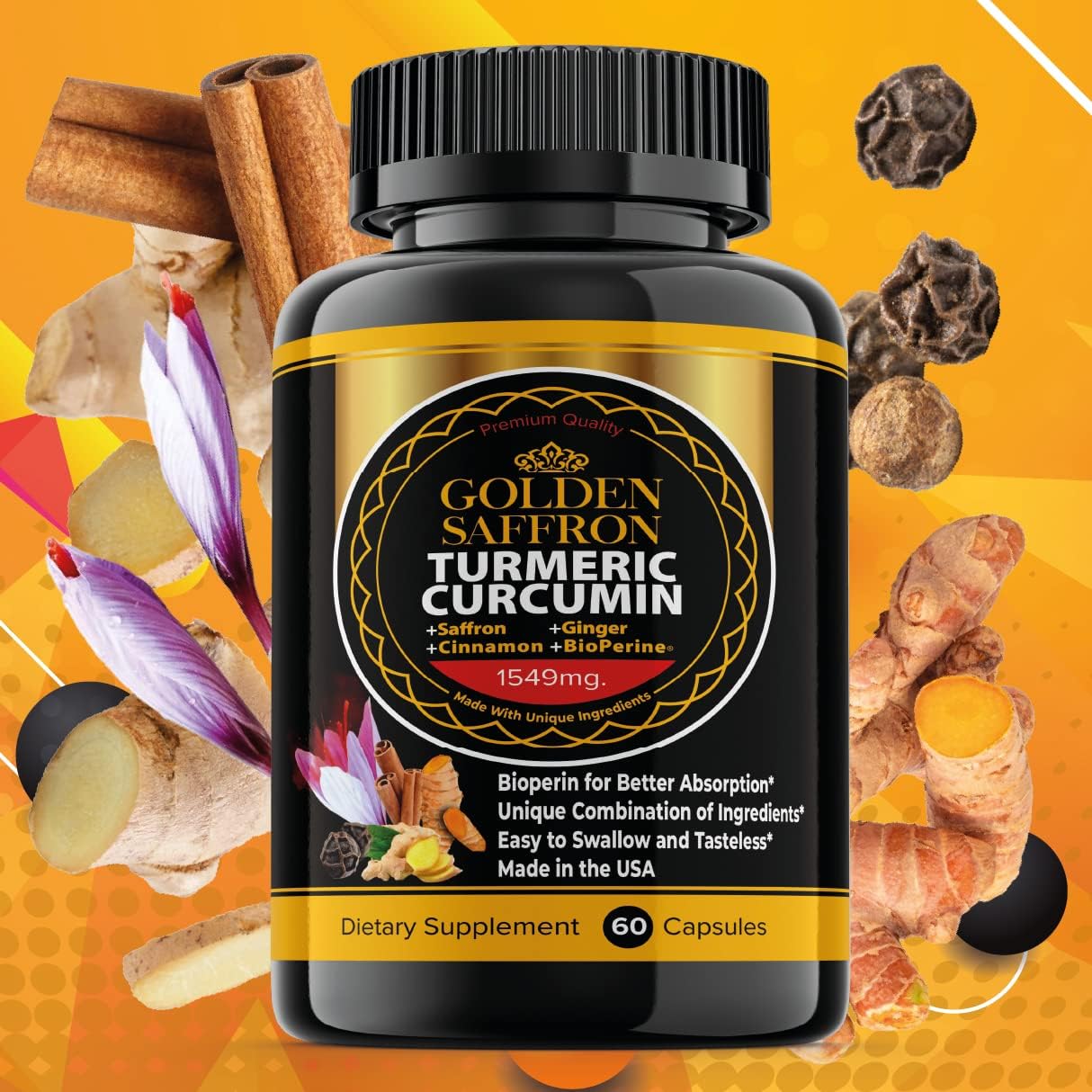 High Potency Golden Saffron Turmeric Curcumin Supplement with Bioperine, Saffron, Cinnamon, and Ginger - Non-GMO, Gluten-Free - Made in USA for Better Effectiveness