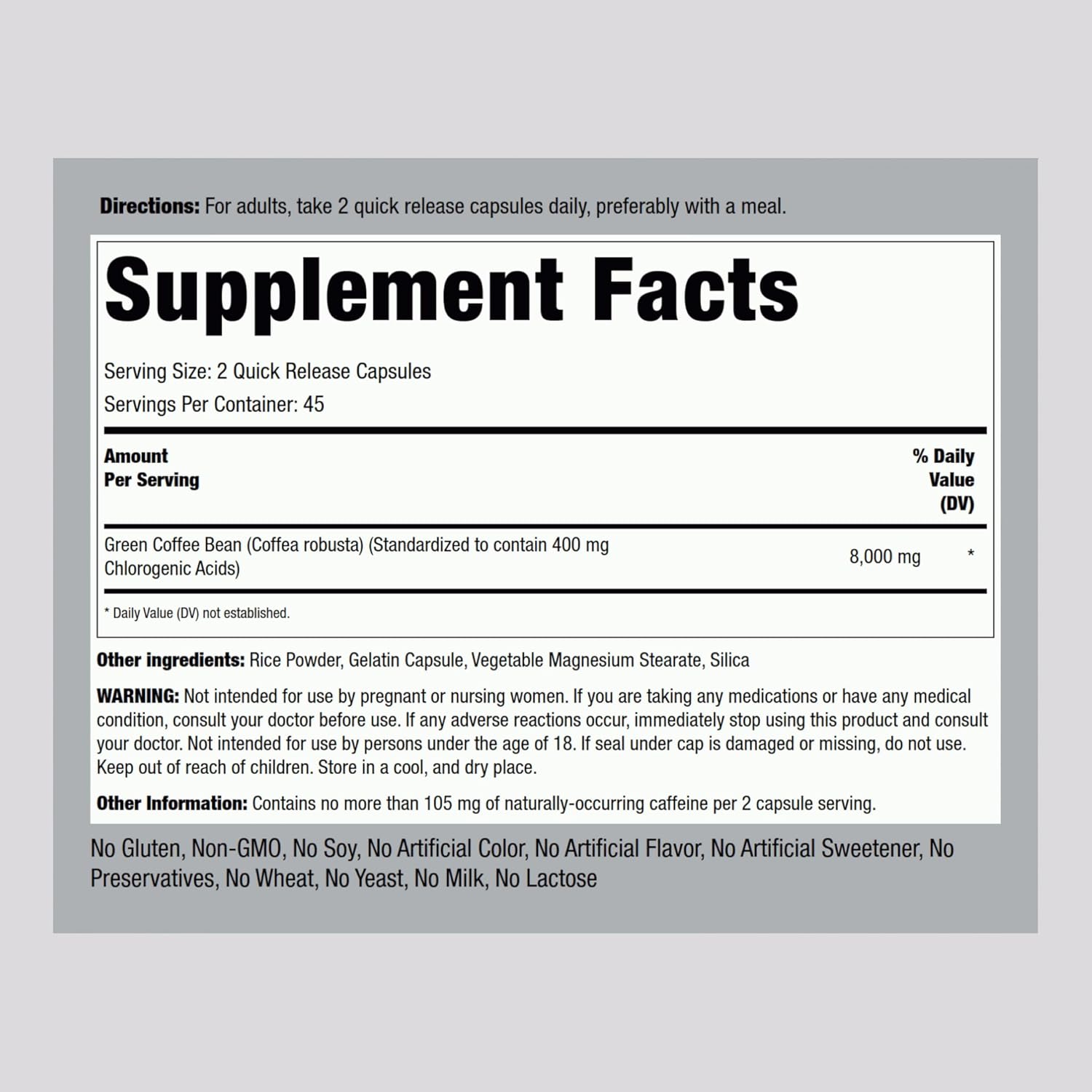 High Potency Green Coffee Bean Extract Capsules - 8000 mg | 90 Count | Non-GMO, Gluten Free Dietary Supplement