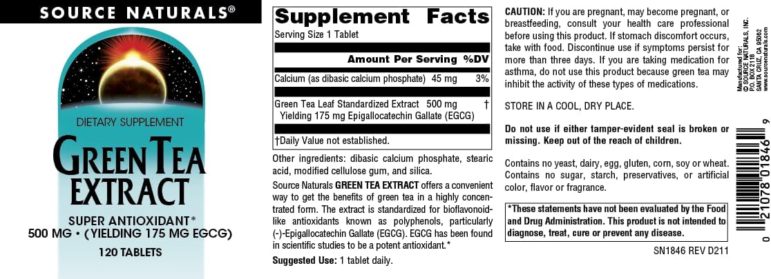 High-Potency Green Tea Extract Tablets - 500 mg Antioxidant Support - 120 Count