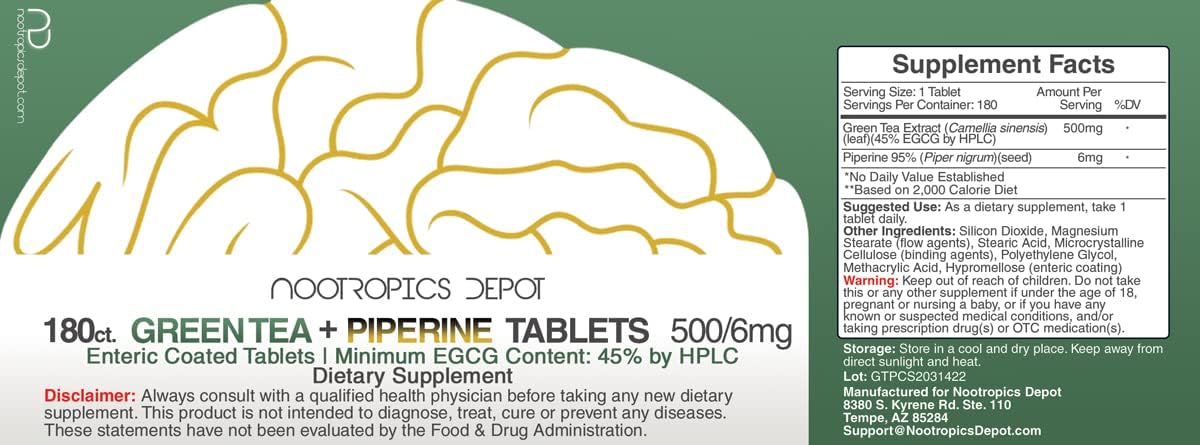 High Potency Green Tea Extract Tablets | 180 Count | 500mg | 45% EGCG + Piperine | Enteric Coated Formula