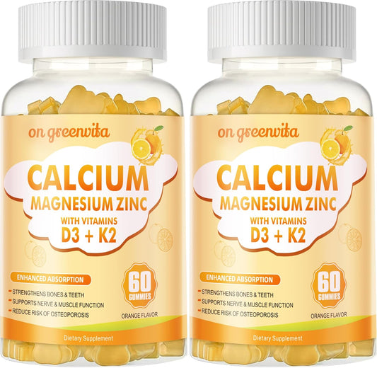 High Potency Greenvita Calcium Magnesium Zinc Gummies with Vitamin D3 & K2 - Enhanced Absorption - 120 Orange Flavored Gummies