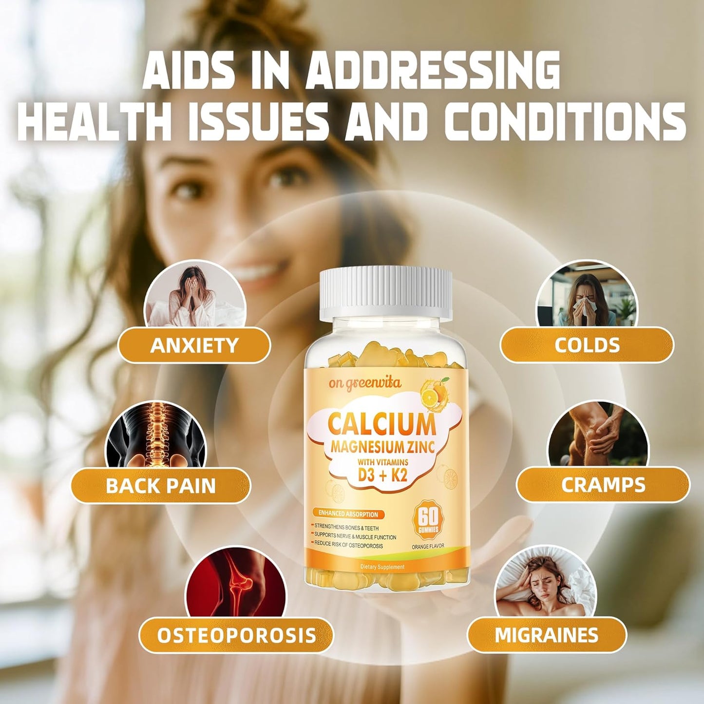 High Potency Greenvita Calcium Magnesium Zinc Gummies with Vitamin D3 & K2 - Enhanced Absorption - 120 Orange Flavored Gummies