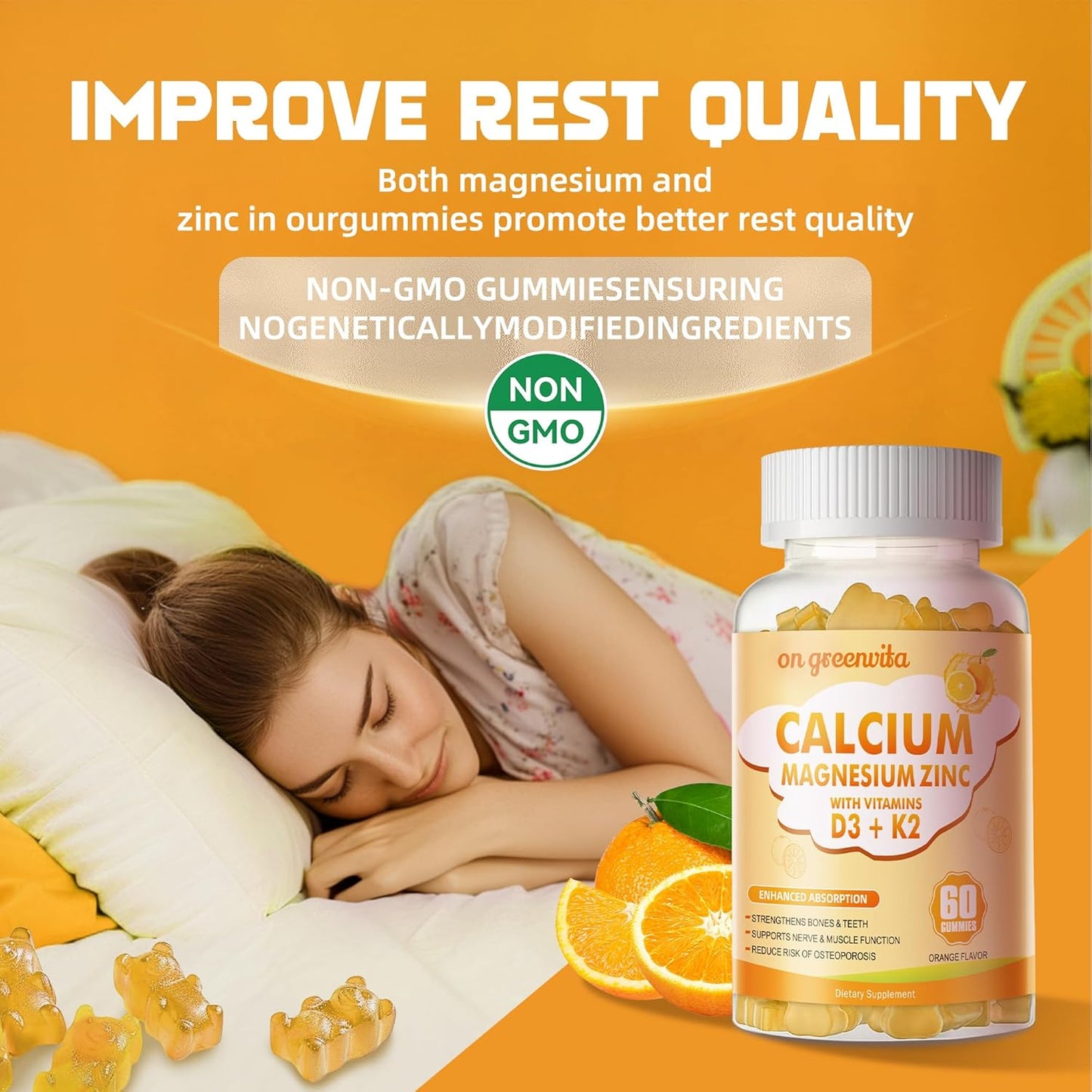 High Potency Greenvita Calcium Magnesium Zinc Gummies with Vitamin D3 & K2 - Enhanced Absorption - 120 Orange Flavored Gummies