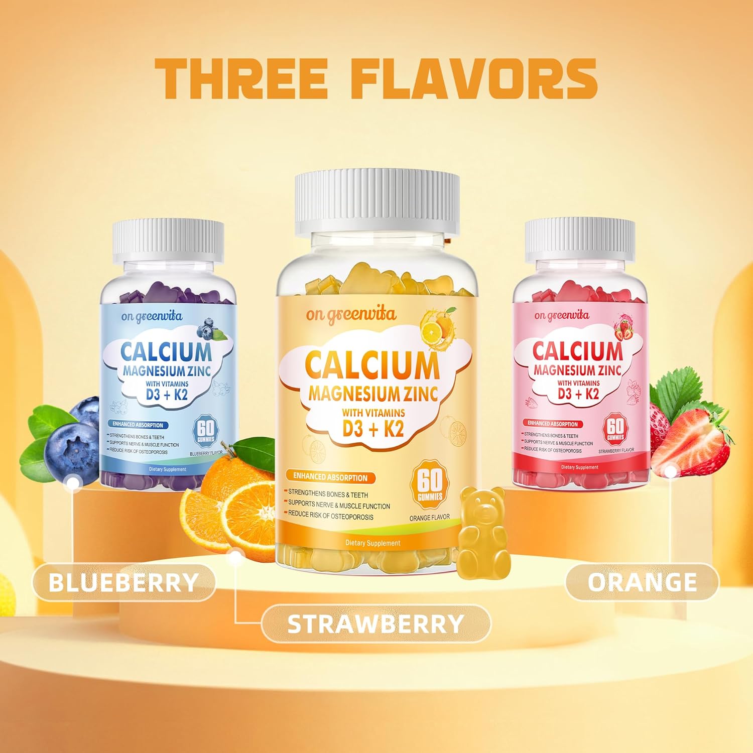 High Potency Greenvita Calcium Magnesium Zinc Gummies with Vitamin D3 & K2 - Enhanced Absorption - 120 Orange Flavored Gummies