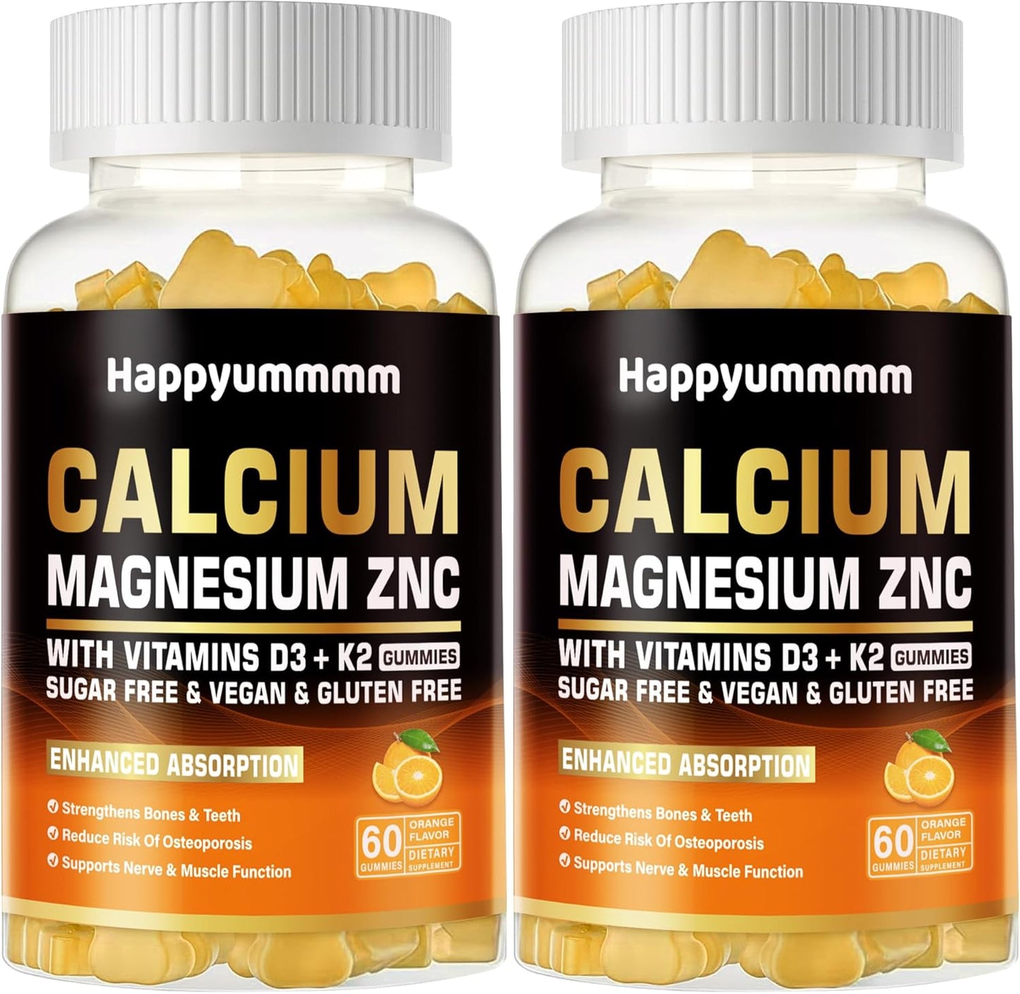 High Potency Happyummmm Calcium Magnesium Zinc Gummies with Vitamin D3 & K2 for Enhanced Absorption - 120 Orange Flavored Gummies