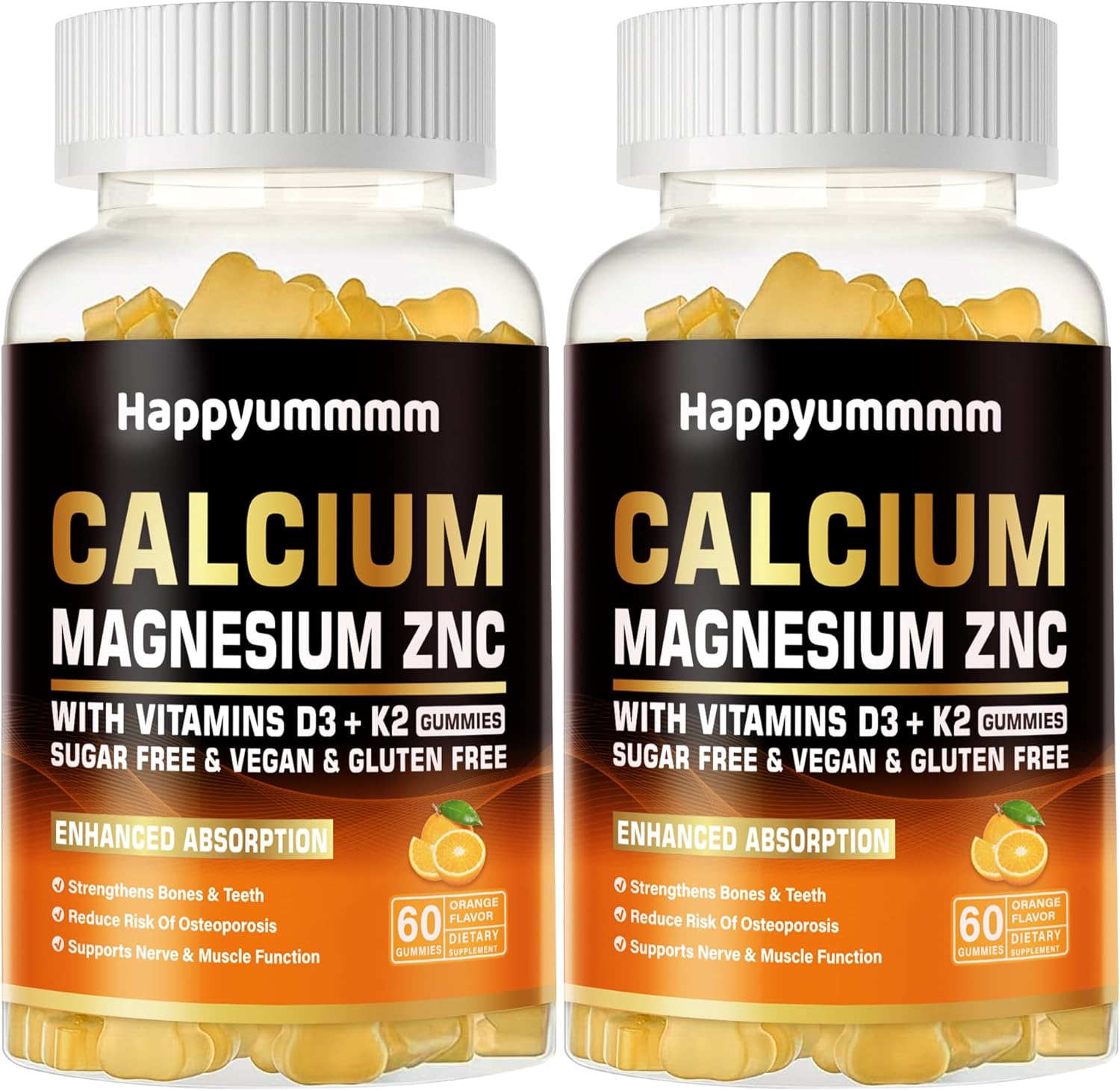 High Potency Happyummmm Calcium Magnesium Zinc Gummies with Vitamin D3 & K2 for Enhanced Absorption - 120 Orange Flavored Gummies