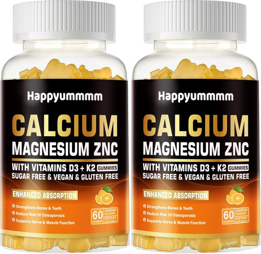 High Potency Happyummmm Calcium Magnesium Zinc Gummies with Vitamin D3 & K2 for Enhanced Absorption - 120 Orange Flavored Gummies