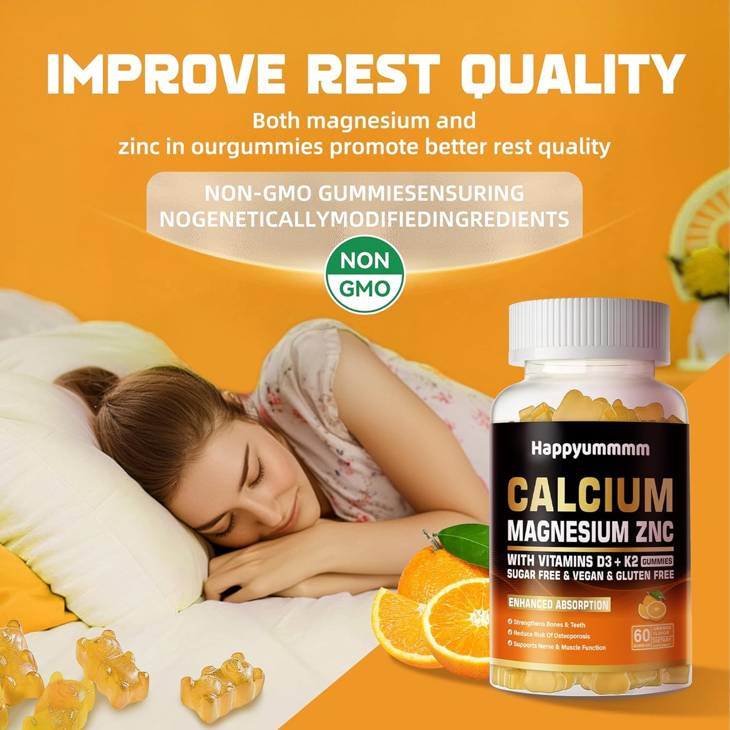 High Potency Happyummmm Calcium Magnesium Zinc Gummies with Vitamin D3 & K2 for Enhanced Absorption - 120 Orange Flavored Gummies