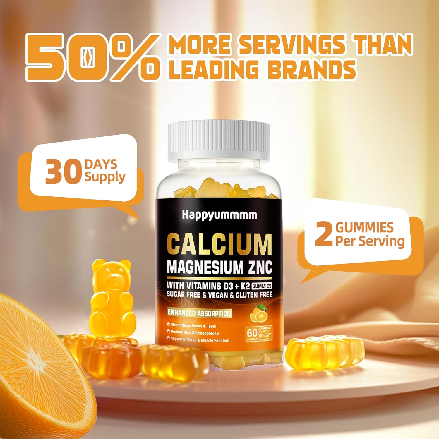 High Potency Happyummmm Calcium Magnesium Zinc Gummies with Vitamin D3 & K2 for Enhanced Absorption - 120 Orange Flavored Gummies