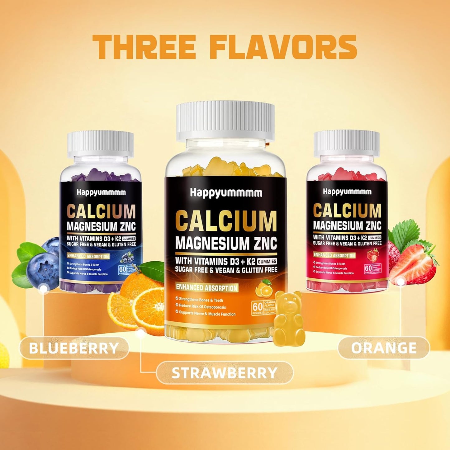 High Potency Happyummmm Calcium Magnesium Zinc Gummies with Vitamin D3 & K2 for Enhanced Absorption - 120 Orange Flavored Gummies