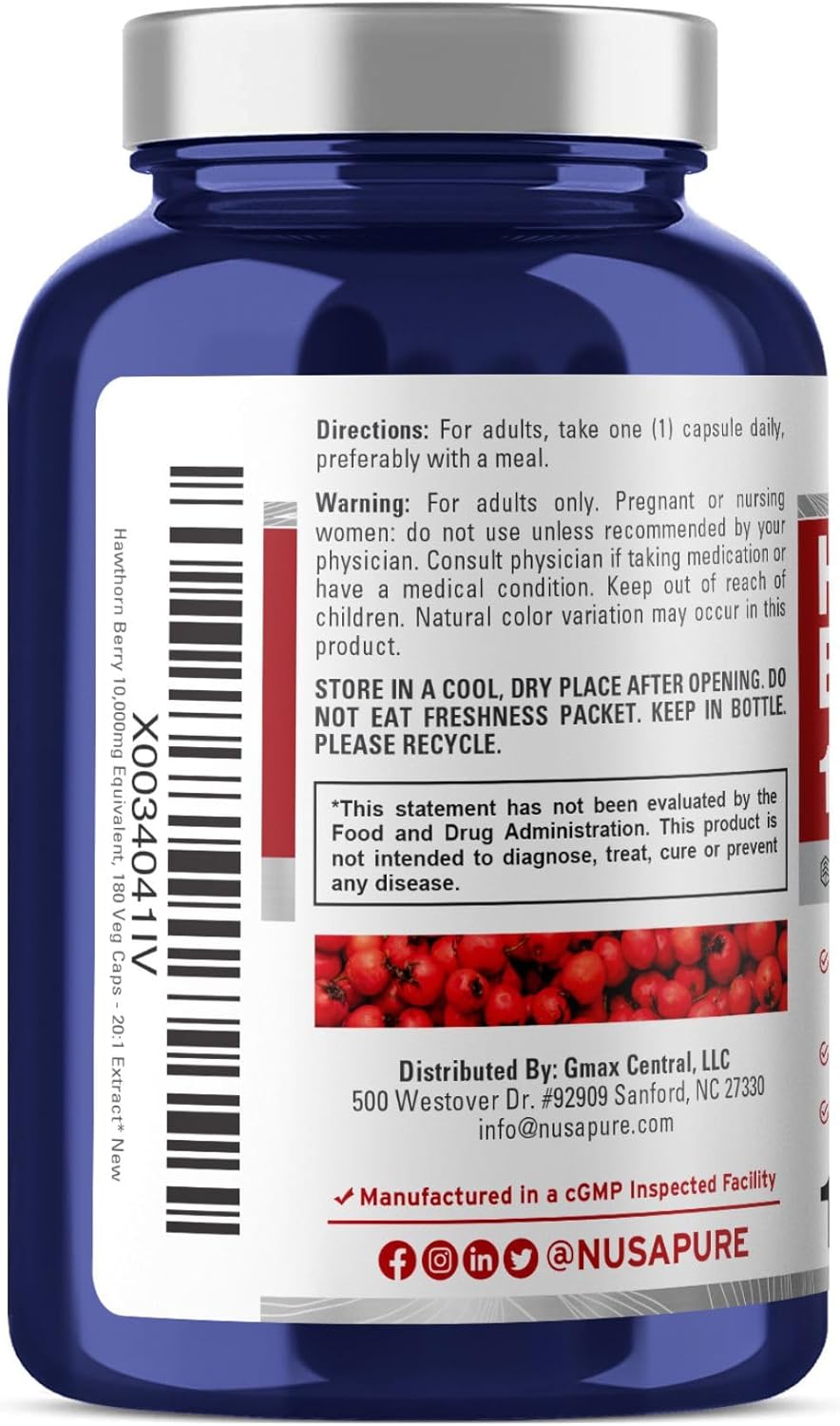 High Potency Hawthorn Berry Extract Capsules - 10,000mg, 180 Count, 20:1 Concentration, Vegan & Non-GMO by NusaPure