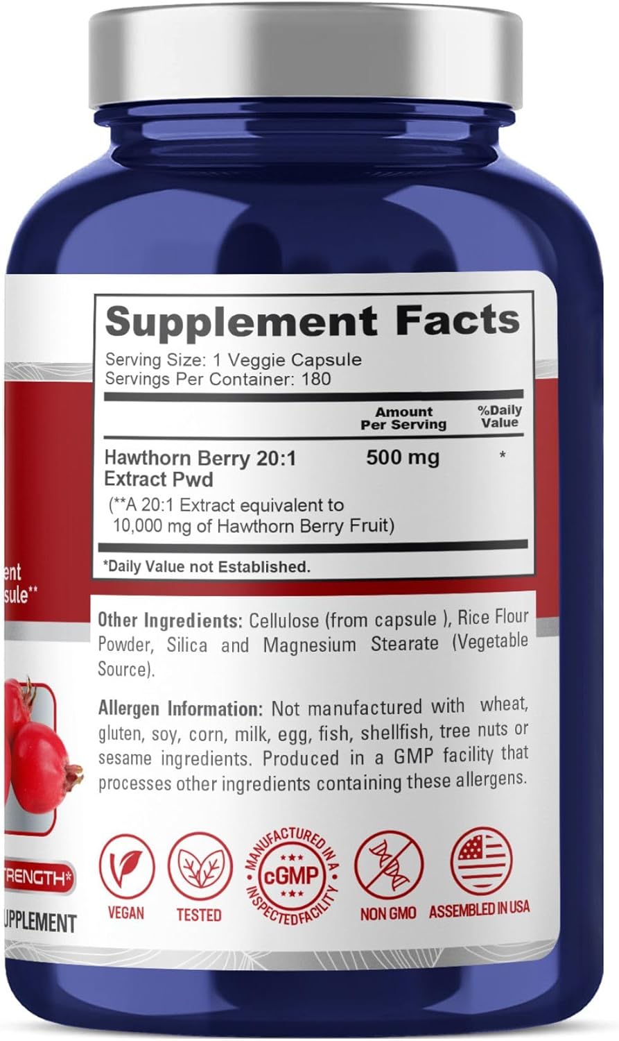 High Potency Hawthorn Berry Extract Capsules - 10,000mg, 180 Count, 20:1 Concentration, Vegan & Non-GMO by NusaPure