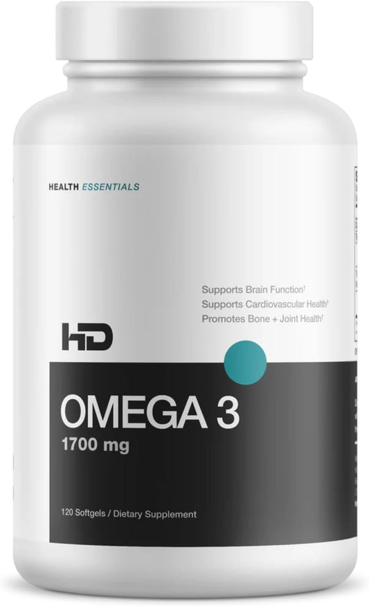 High Potency HD MUSCLE HealthHD Omega-3 Fish Oil with DHA & EPA for Heart Health - 1700mg Triglyceride Formula - 60 Servings / 120 Softgels