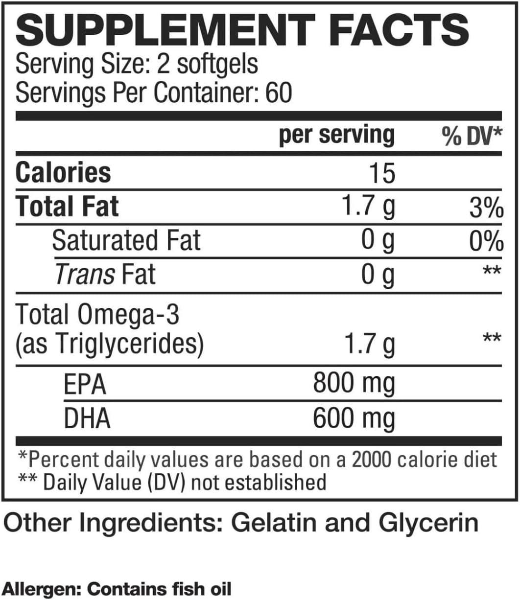 High Potency HD MUSCLE HealthHD Omega-3 Fish Oil with DHA & EPA for Heart Health - 1700mg Triglyceride Formula - 60 Servings / 120 Softgels