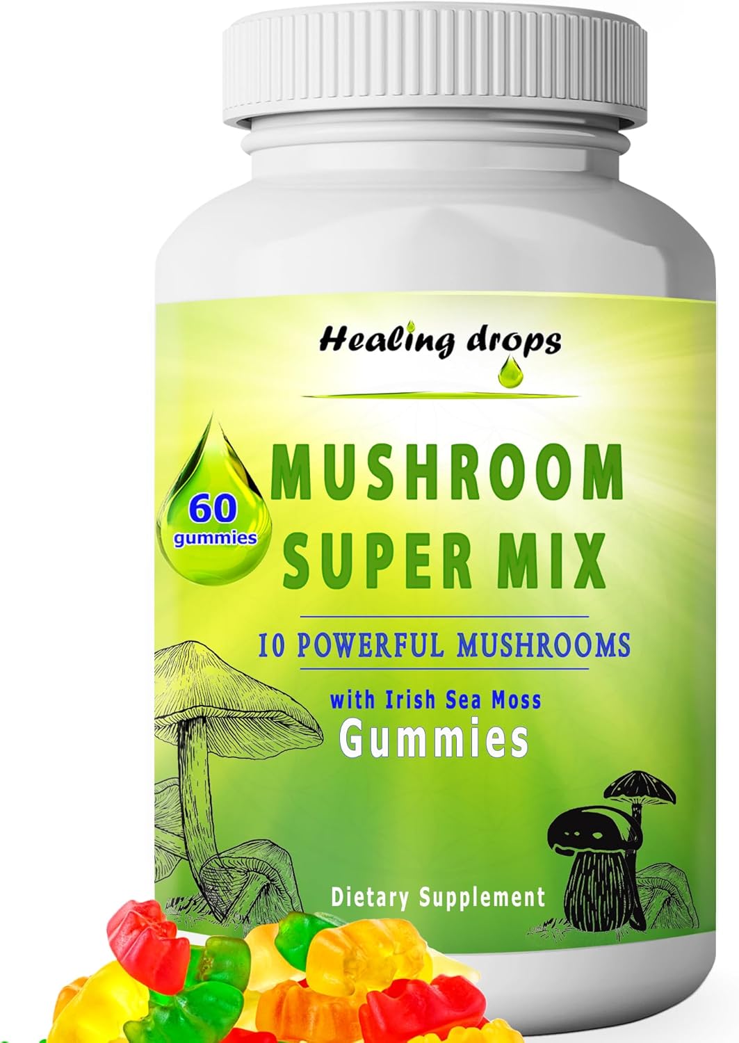 High Potency Healing Drops Mushroom Gummies with Sea Moss - 10 Mushroom Blend Supplement (60 Gummies)
