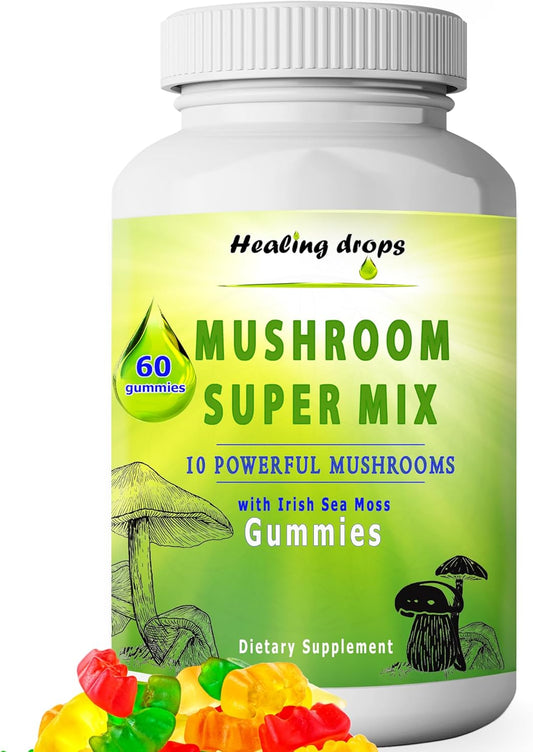 High Potency Healing Drops Mushroom Gummies with Sea Moss - 10 Mushroom Blend Supplement (60 Gummies)