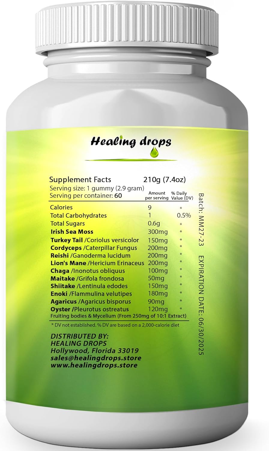 High Potency Healing Drops Mushroom Gummies with Sea Moss - 10 Mushroom Blend Supplement (60 Gummies)