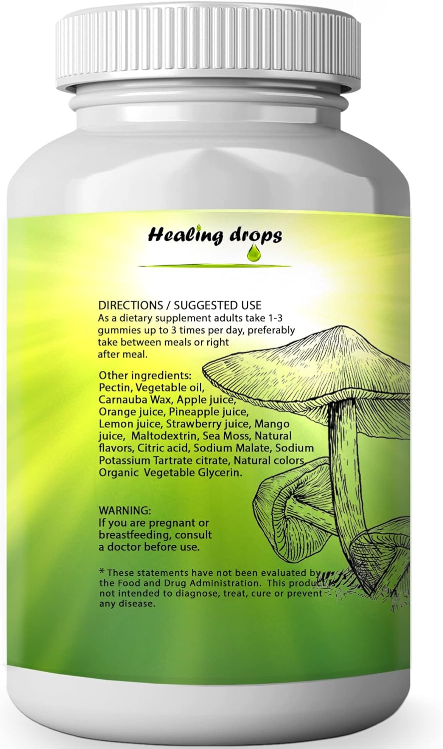 High Potency Healing Drops Mushroom Gummies with Sea Moss - 10 Mushroom Blend Supplement (60 Gummies)
