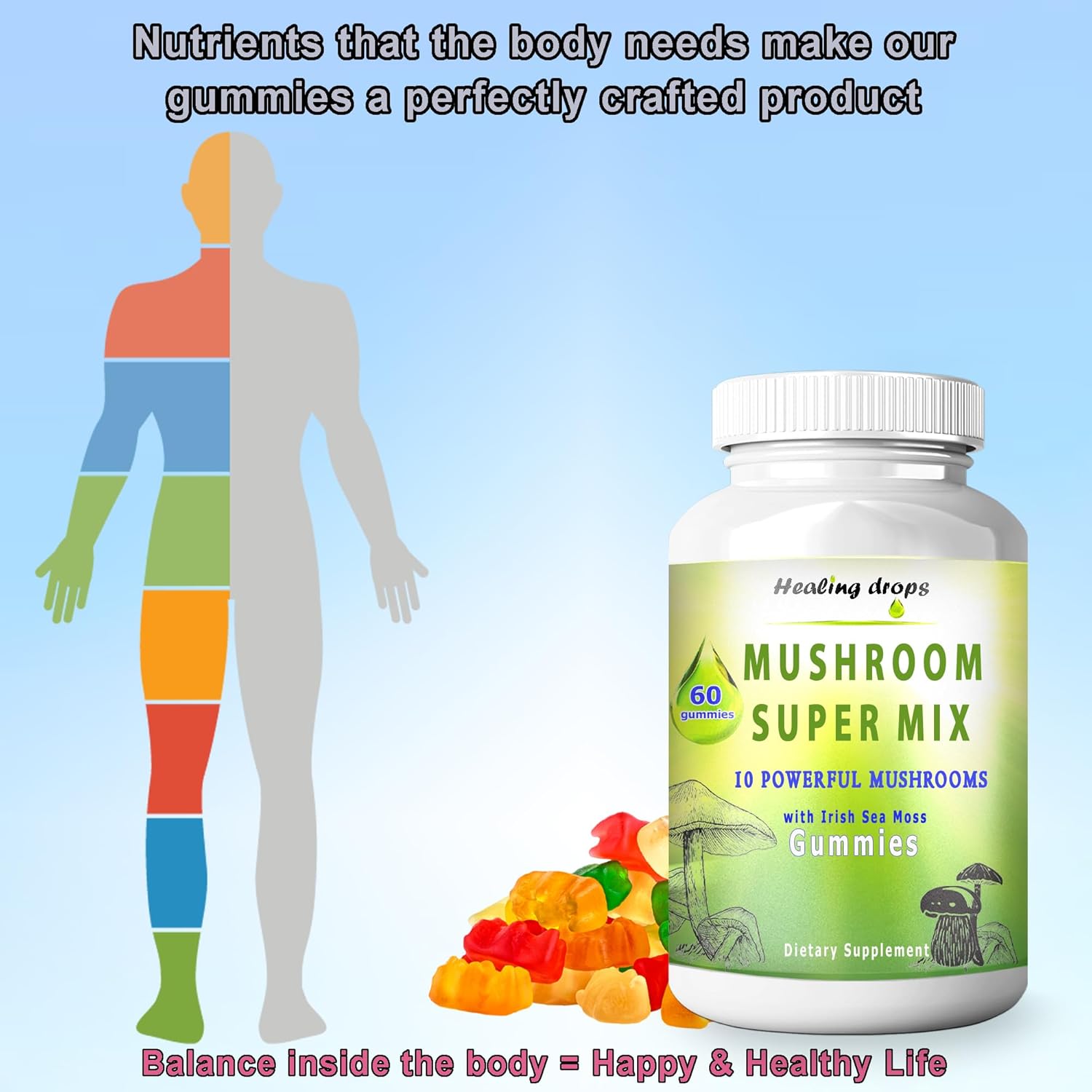 High Potency Healing Drops Mushroom Gummies with Sea Moss - 10 Mushroom Blend Supplement (60 Gummies)