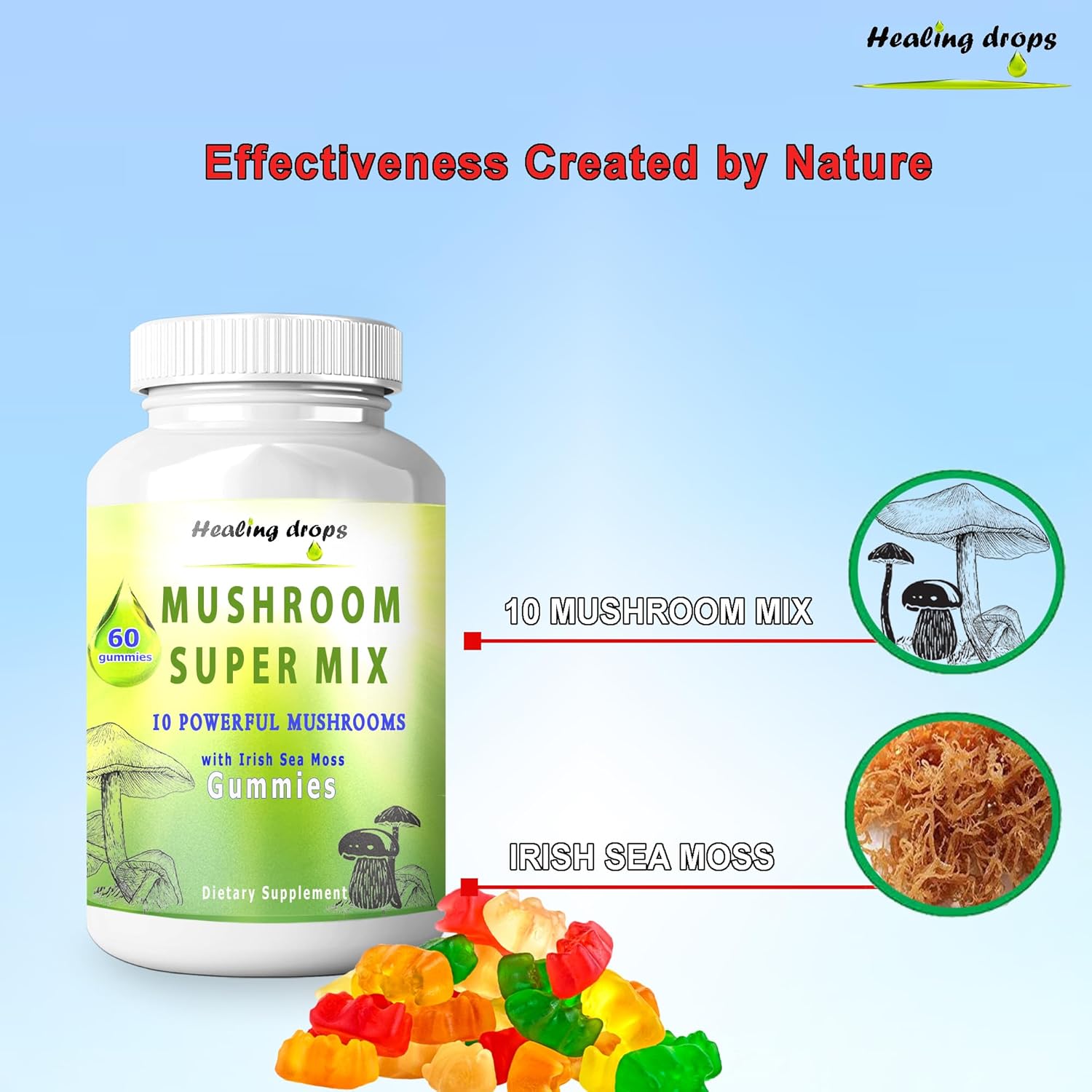 High Potency Healing Drops Mushroom Gummies with Sea Moss - 10 Mushroom Blend Supplement (60 Gummies)