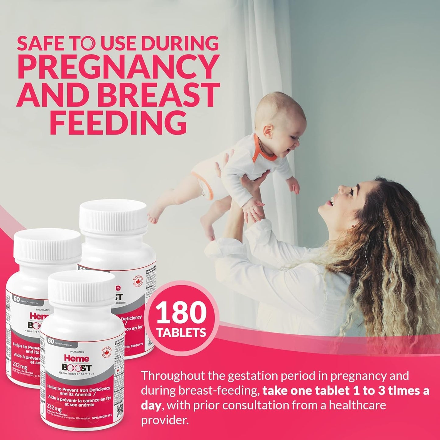 High Potency Heme Boost Iron Supplement | 11.6mg (232mg Heme Iron) | 180 Tablets | Gentle on Stomach | Safe for Pregnancy | Iron Pills for Adults