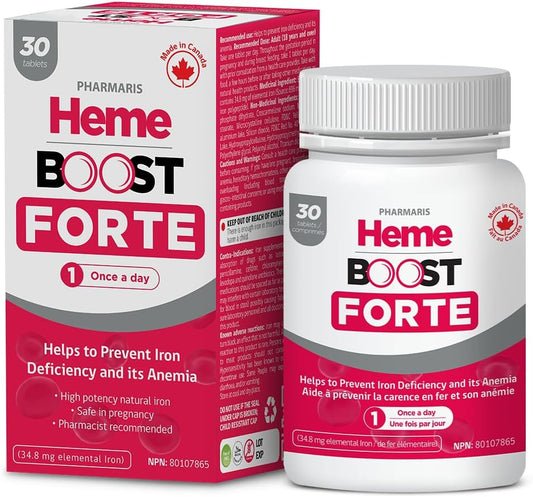 High Potency Hemeboost Forte Iron Supplement - 30 Tablets - 34.8mg Heme Iron - Gentle & Safe for Adults and Pregnancy - High Absorption Formula