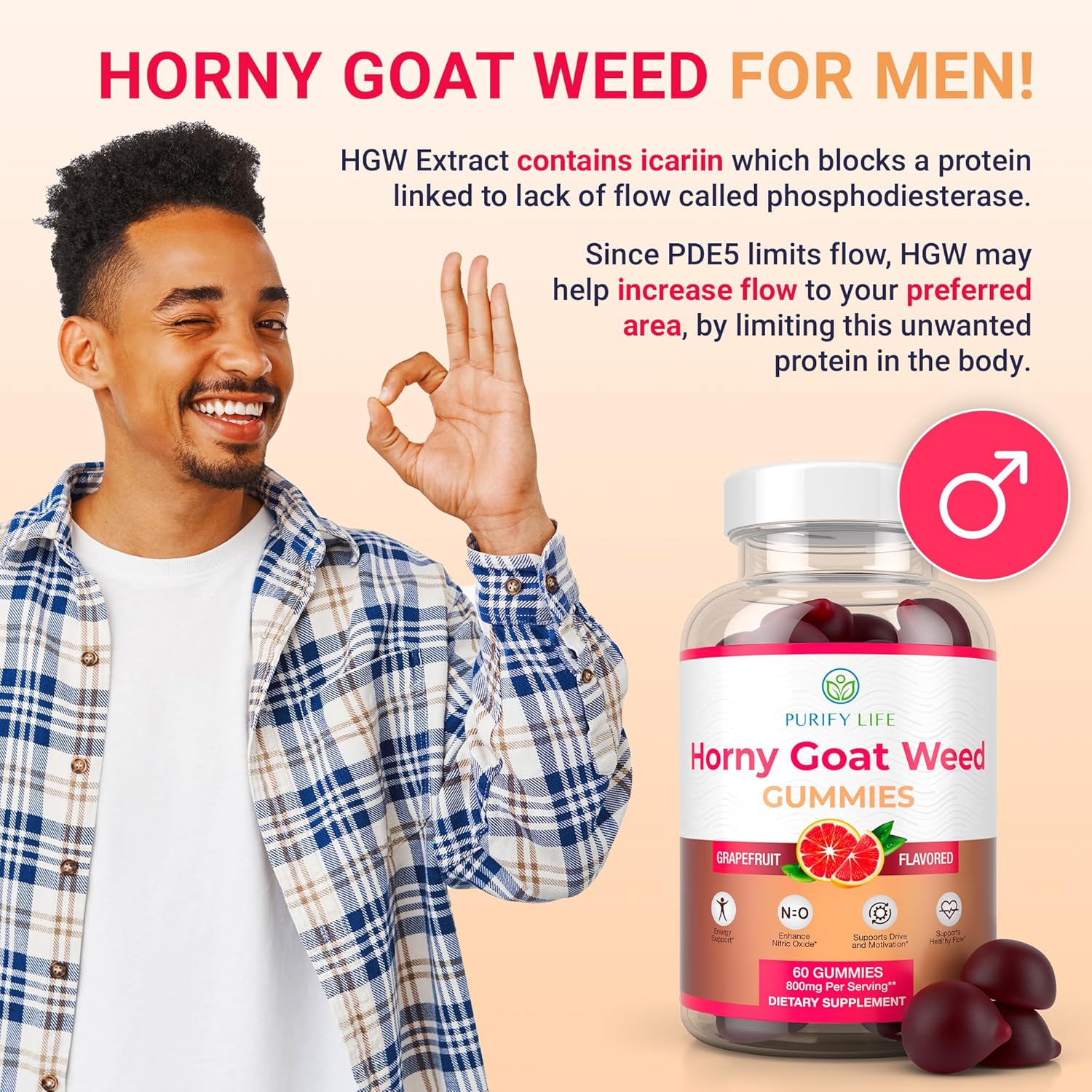 High-Potency Horny Goat Weed Extract Gummies for Men and Women - Natural Energy Boost, Stamina, and Performance Support - Vegan, Gluten-Free Grapefruit Chews