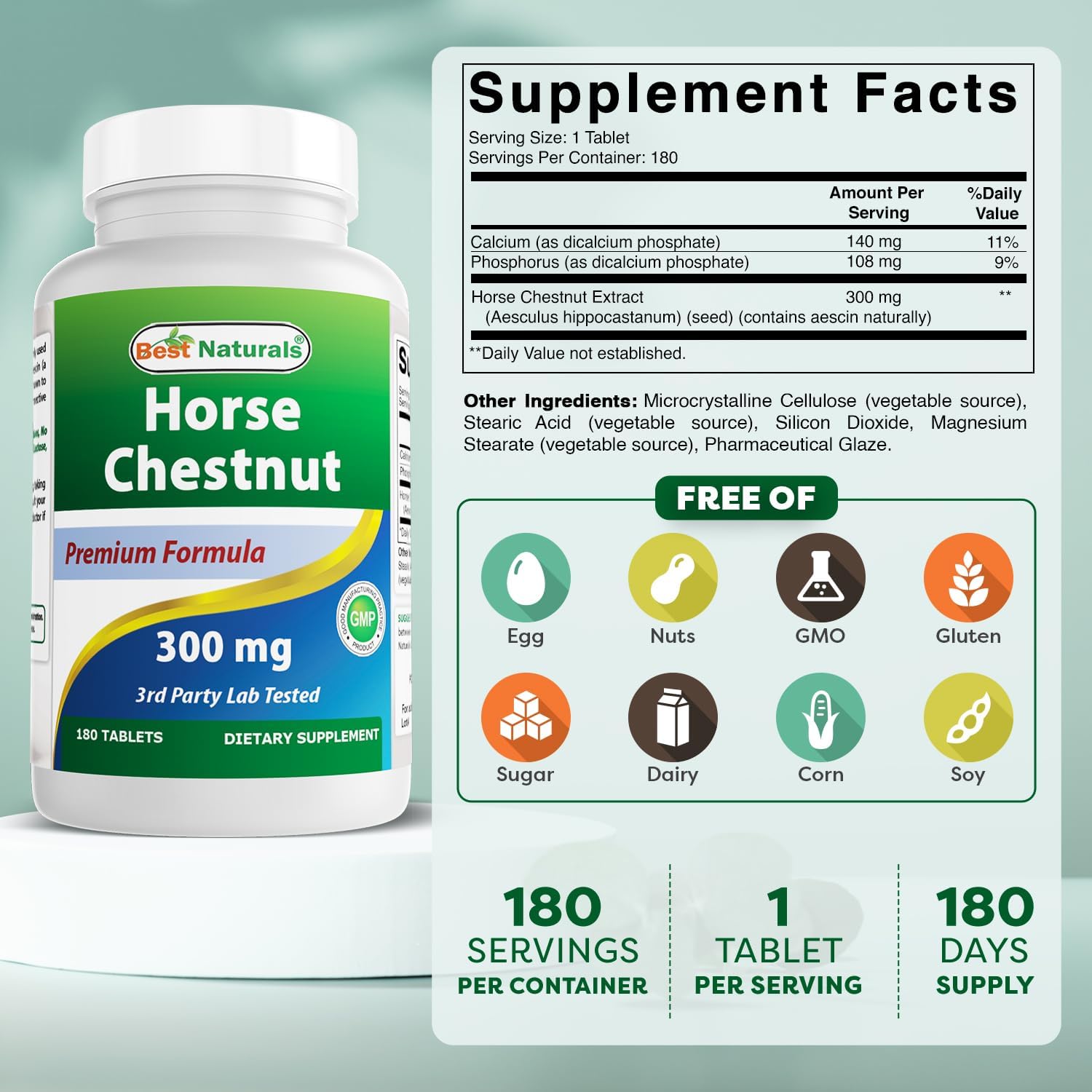 High Potency Horse Chestnut Extract 300mg - 180 Tablets | Natural Supplement for Circulation Support