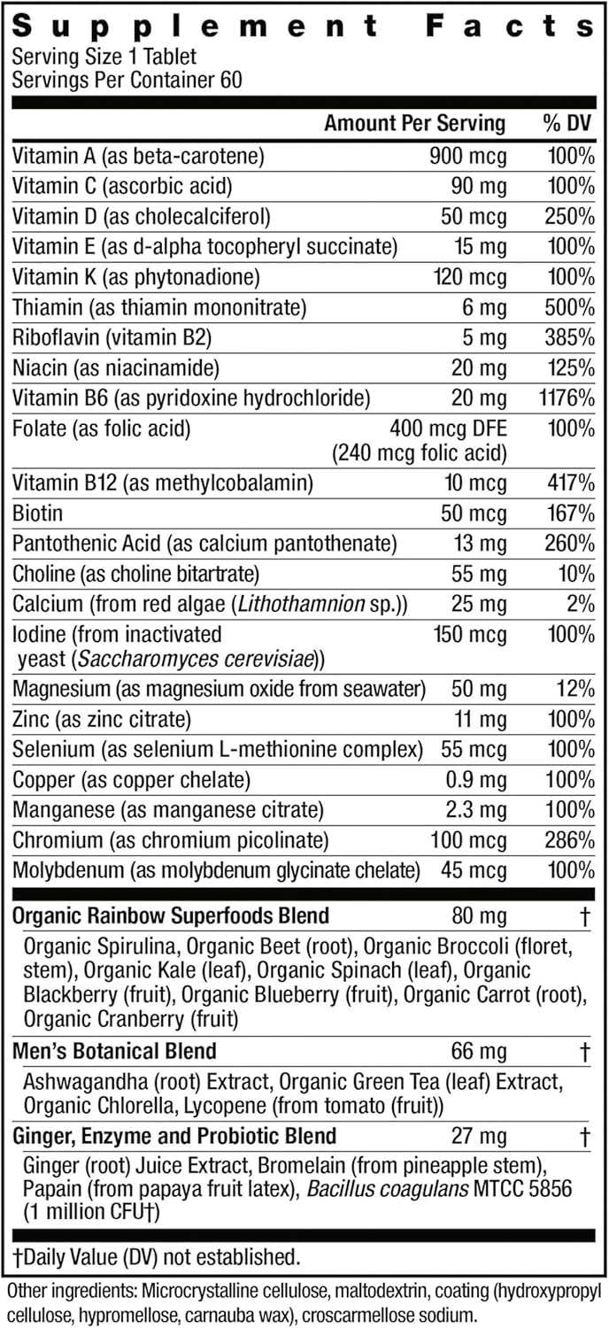 High-Potency Immune Support Men's Daily Multivitamin with Vitamin C, D, Zinc - Vegetarian - 60 Count