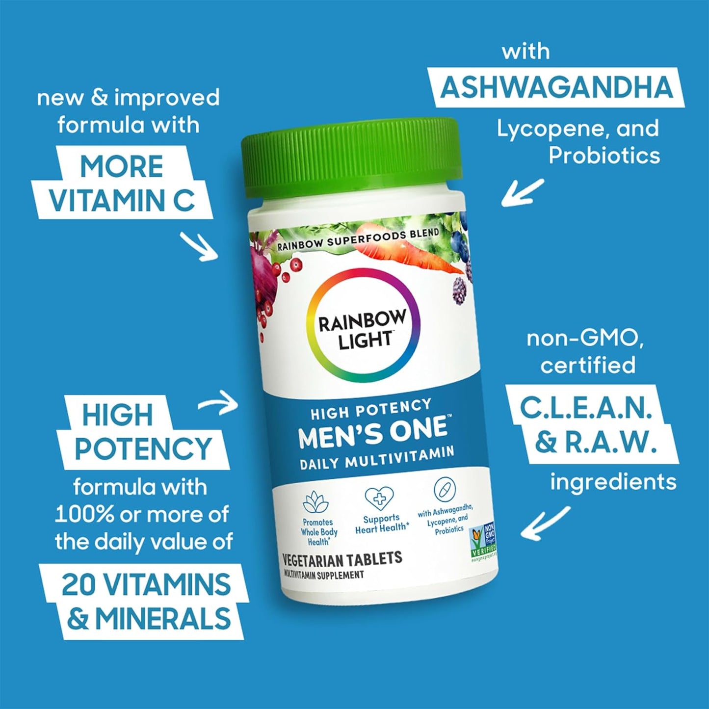 High-Potency Immune Support Men's Daily Multivitamin with Vitamin C, D, Zinc - Vegetarian - 60 Count