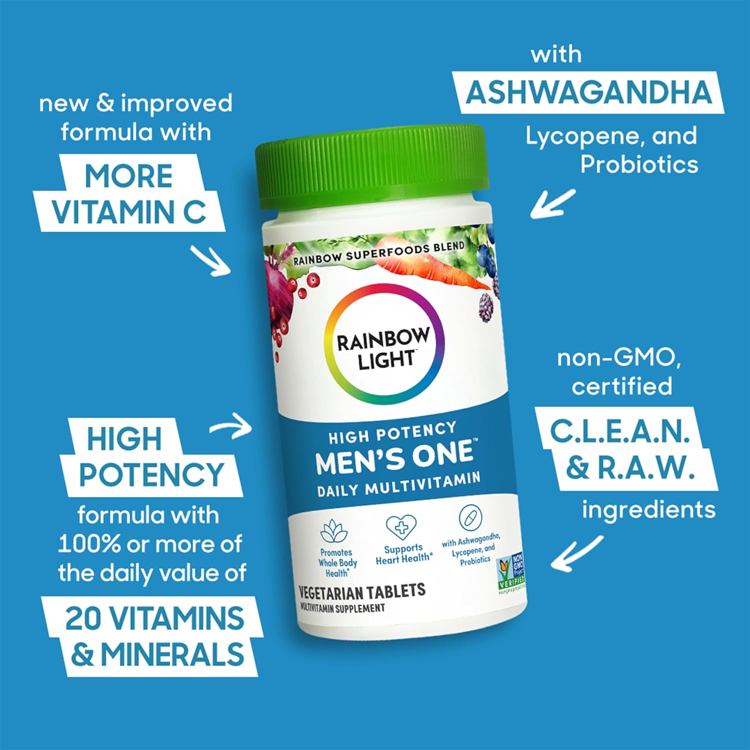 High-Potency Immune Support Men's Daily Multivitamin with Vitamin C, D, Zinc - Vegetarian - 60 Count
