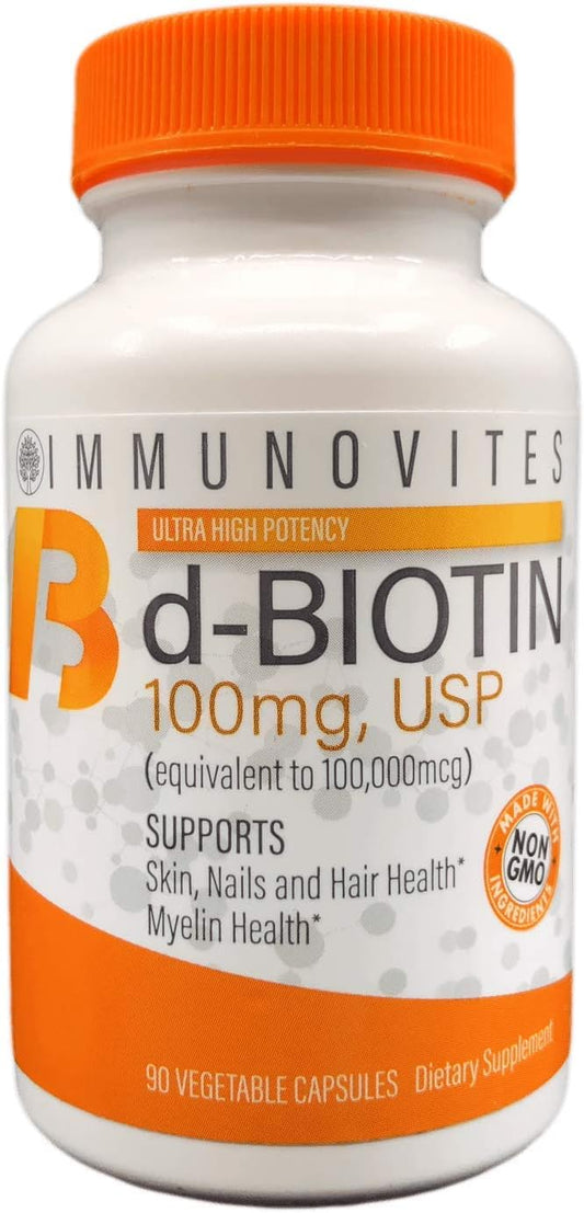 High Potency IMMUNOVITES Biotin 100mg Capsules - 90 Count (100,000mcg Equivalent)