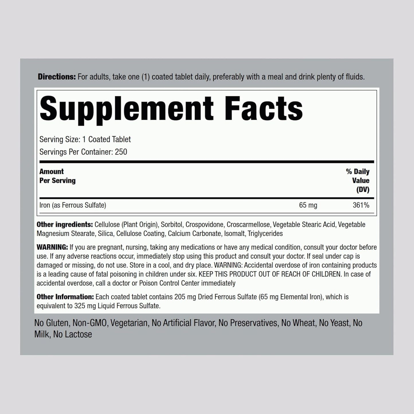 High Potency Iron Ferrous Sulfate 65 mg Supplement 250 Tablets - Vegetarian, Non-GMO, Gluten Free Formula