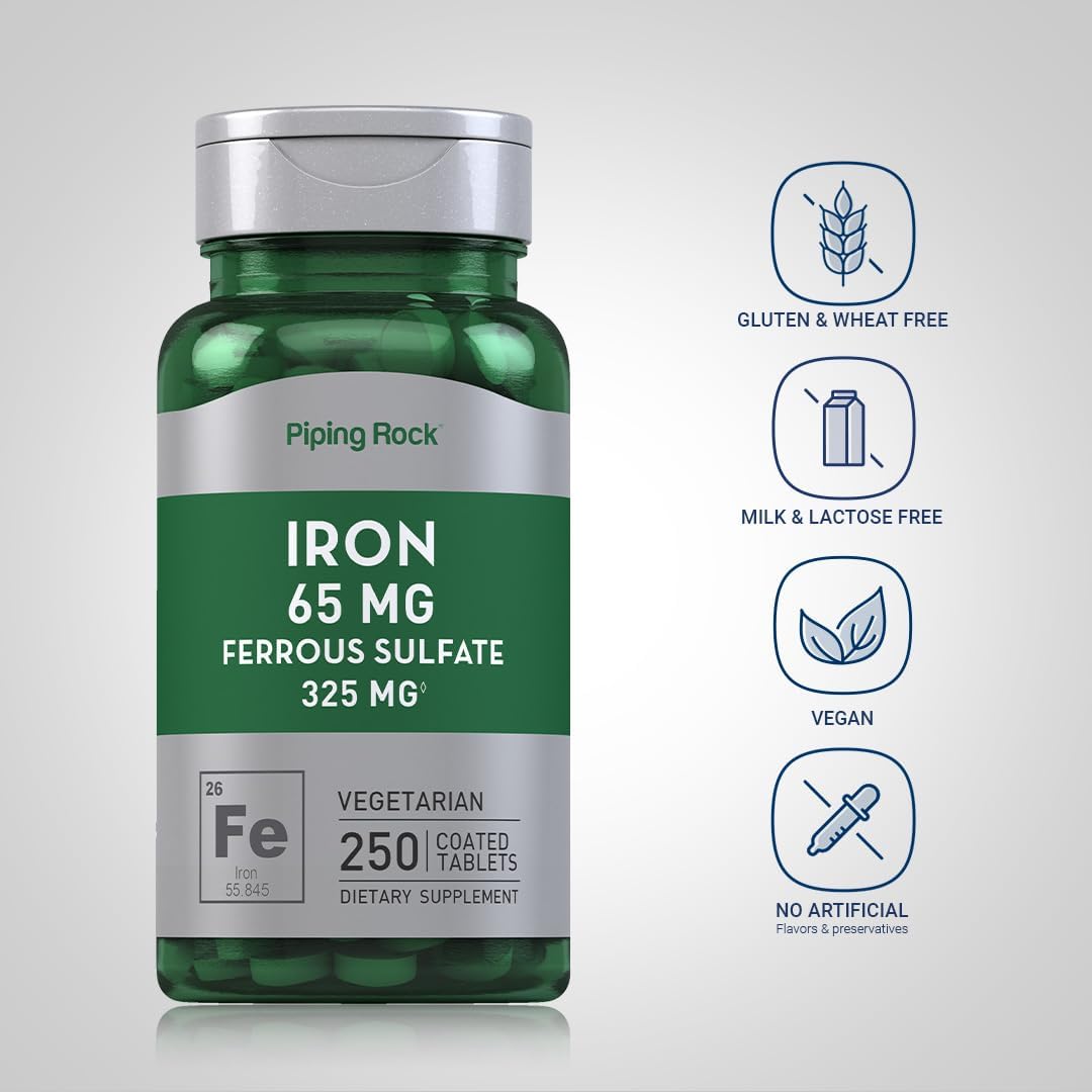 High Potency Iron Ferrous Sulfate 65 mg Supplement 250 Tablets - Vegetarian, Non-GMO, Gluten Free Formula