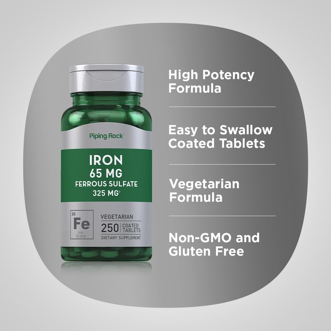 High Potency Iron Ferrous Sulfate 65 mg Supplement 250 Tablets - Vegetarian, Non-GMO, Gluten Free Formula
