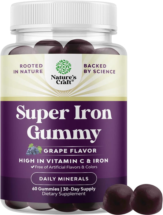 High Potency Iron Gummies with Vitamin C for Men and Women - Vegan Chewable Iron Supplement 45mg - Natural Iron Gummy with No Artificial Flavors