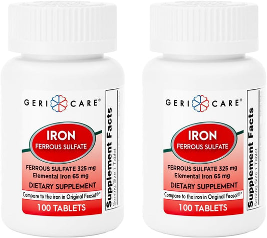 High Potency Iron Supplement 325mg Tablets - GeriCare Ferrous Sulfate with 65mg Elemental Iron - 100 Count x 2 Pack Dietary Supplement