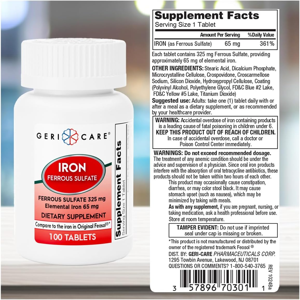 High Potency Iron Supplement 325mg Tablets - GeriCare Ferrous Sulfate with 65mg Elemental Iron - 100 Count x 2 Pack Dietary Supplement