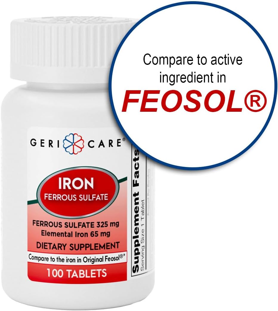 High Potency Iron Supplement 325mg Tablets - GeriCare Ferrous Sulfate with 65mg Elemental Iron - 100 Count x 2 Pack Dietary Supplement