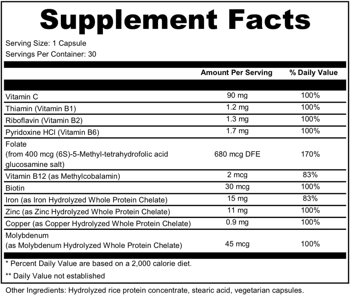 High Potency Iron Supplement for Boosting Energy and Ferritin Levels | Non-Constipating Daily Multivitamin | Dr. Wholeness Blood Vitality Formula | 30 Capsules
