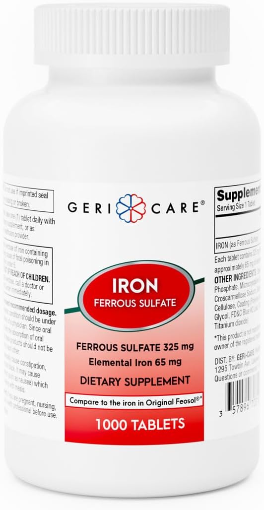 High Potency Iron Supplement: GeriCare Ferrous Sulfate Tablets 325mg (1000 Count) - Elemental Iron 65mg - Dietary Supplement