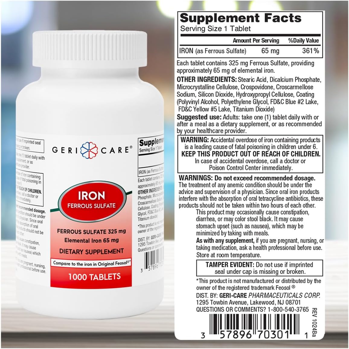 High Potency Iron Supplement: GeriCare Ferrous Sulfate Tablets 325mg (1000 Count) - Elemental Iron 65mg - Dietary Supplement