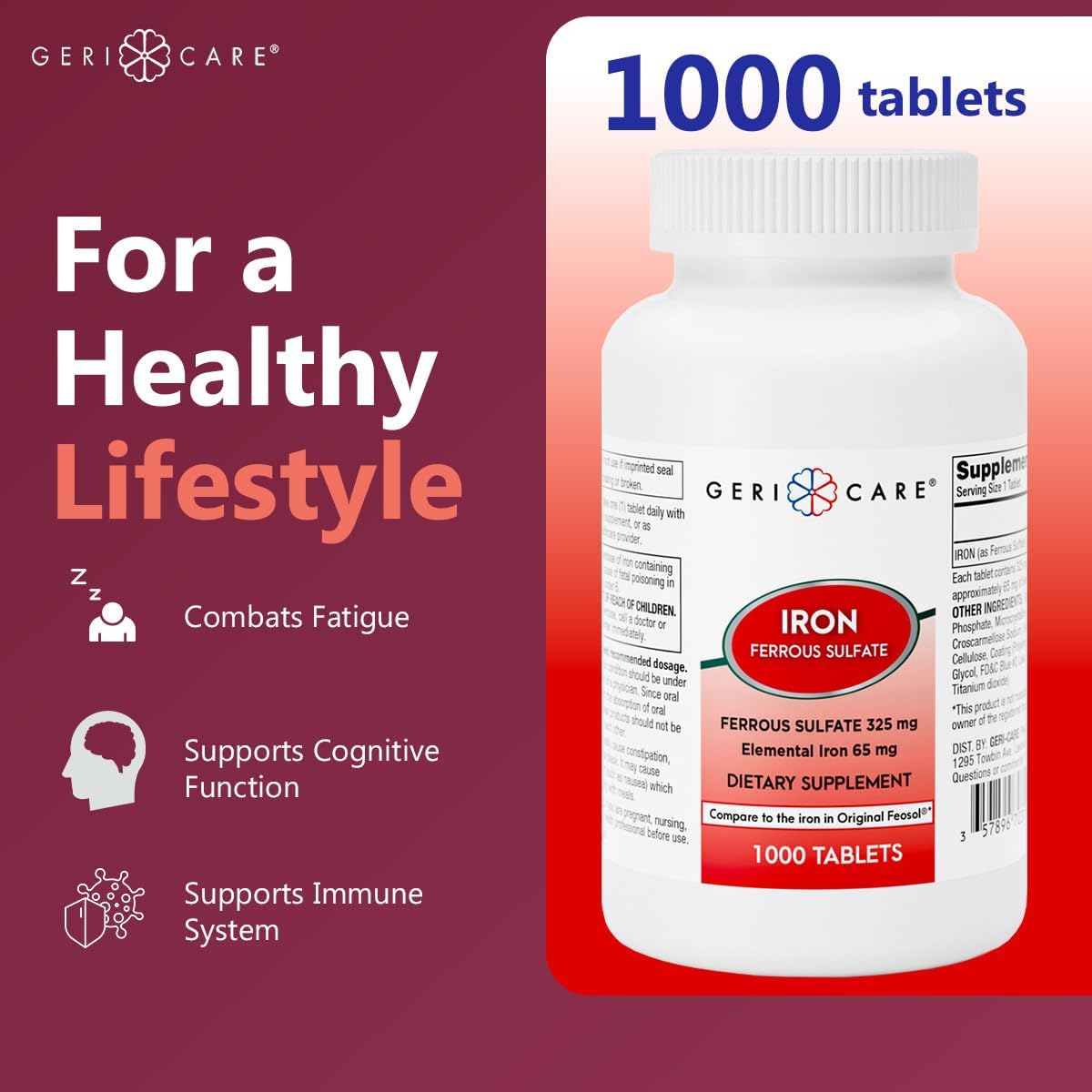 High Potency Iron Supplement: GeriCare Ferrous Sulfate Tablets 325mg (1000 Count) - Elemental Iron 65mg - Dietary Supplement