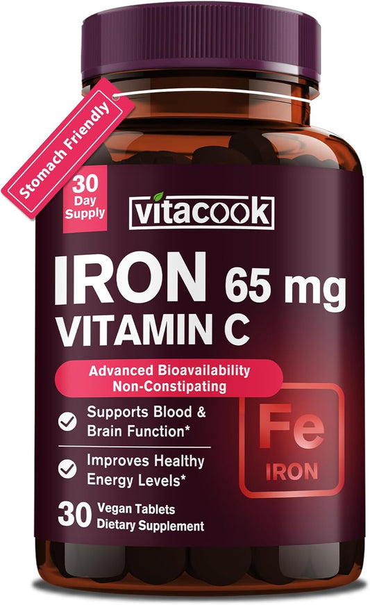 High Potency Iron Supplement with Vitamin C for Men and Women - Vegan, Non-GMO, Gluten Free Iron Pills for Red Blood Cell & Immune Support - Stomach Friendly - 30 Tablets
