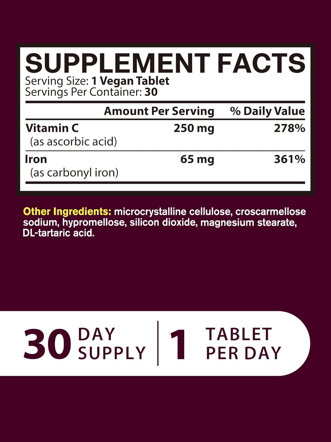 High Potency Iron Supplement with Vitamin C for Men and Women - Vegan, Non-GMO, Gluten Free Iron Pills for Red Blood Cell & Immune Support - Stomach Friendly - 30 Tablets