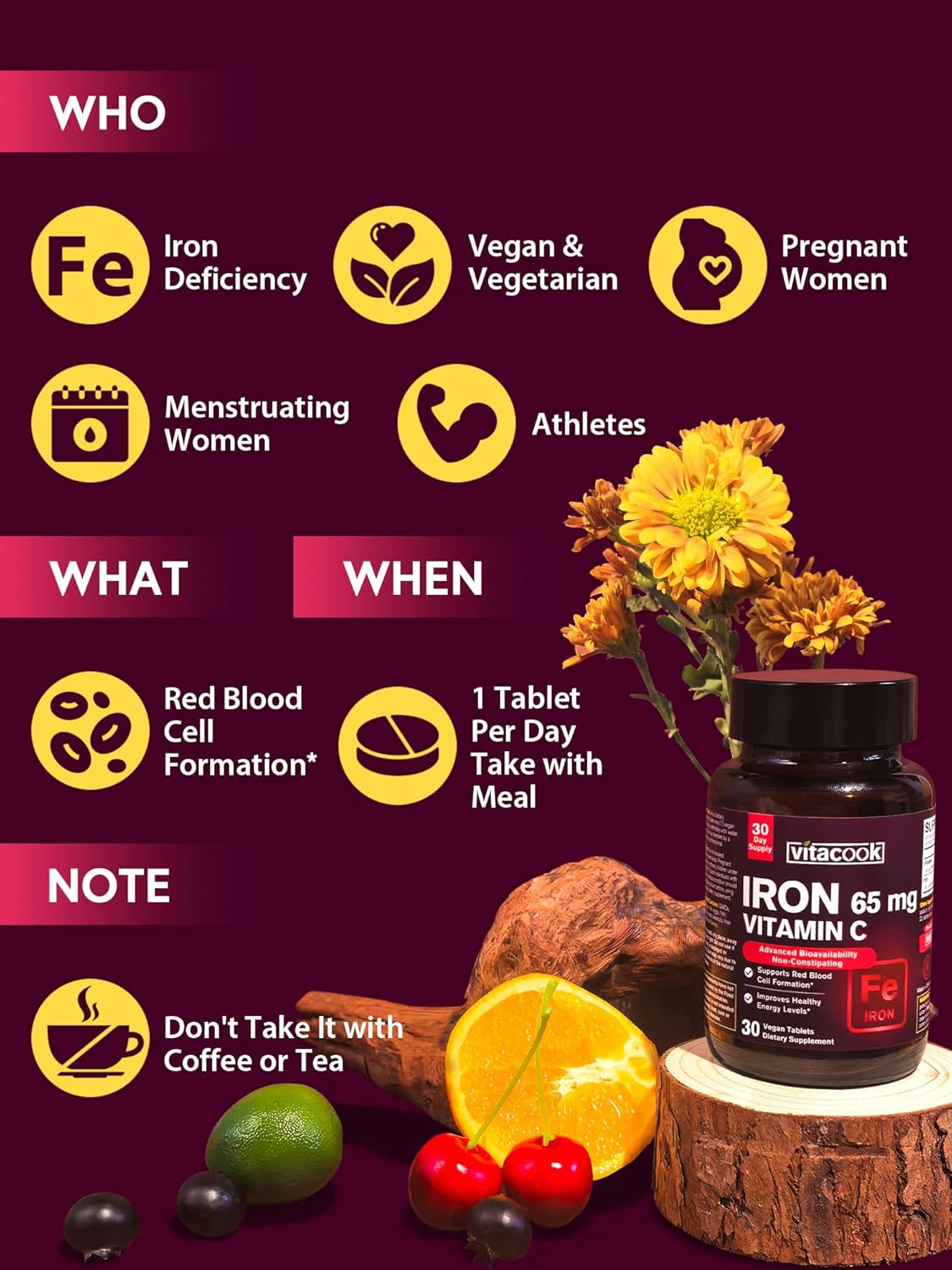 High Potency Iron Supplement with Vitamin C for Men and Women - Vegan, Non-GMO, Gluten Free Iron Pills for Red Blood Cell & Immune Support - Stomach Friendly - 30 Tablets